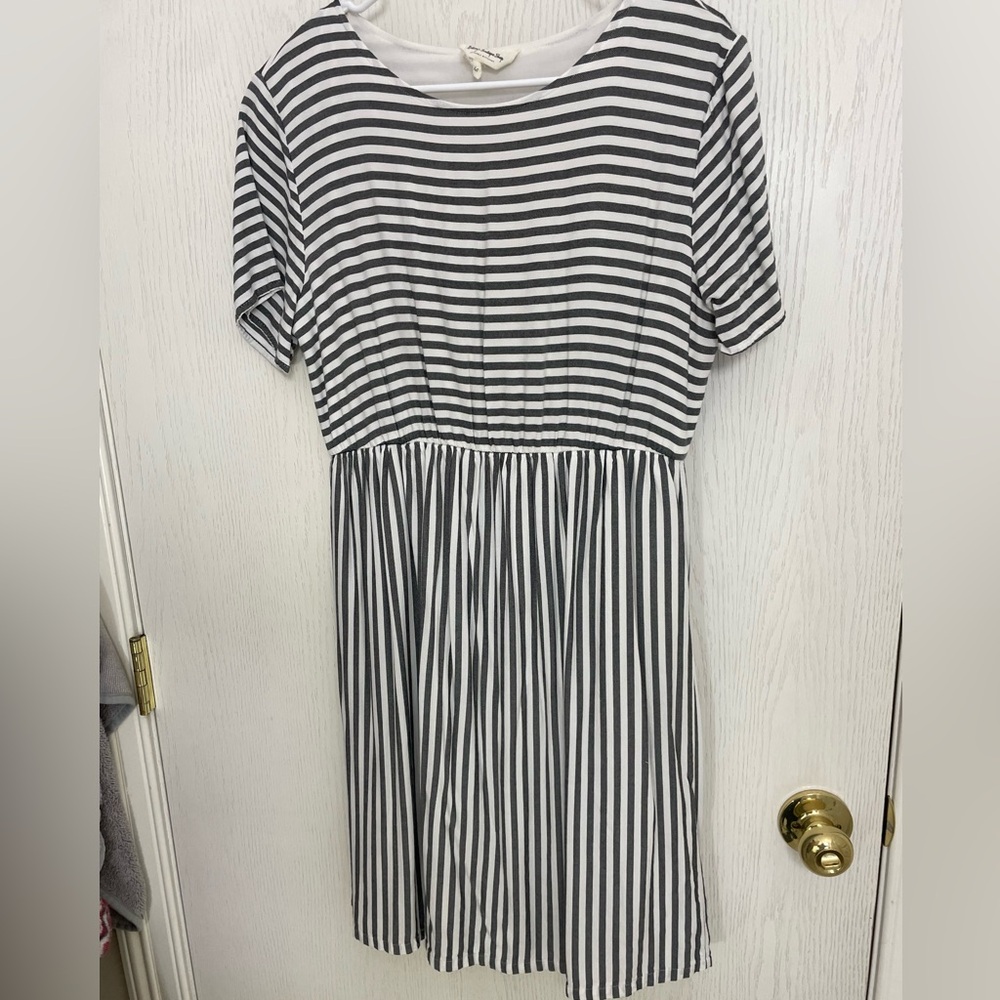Grey and White Striped Midi Dress